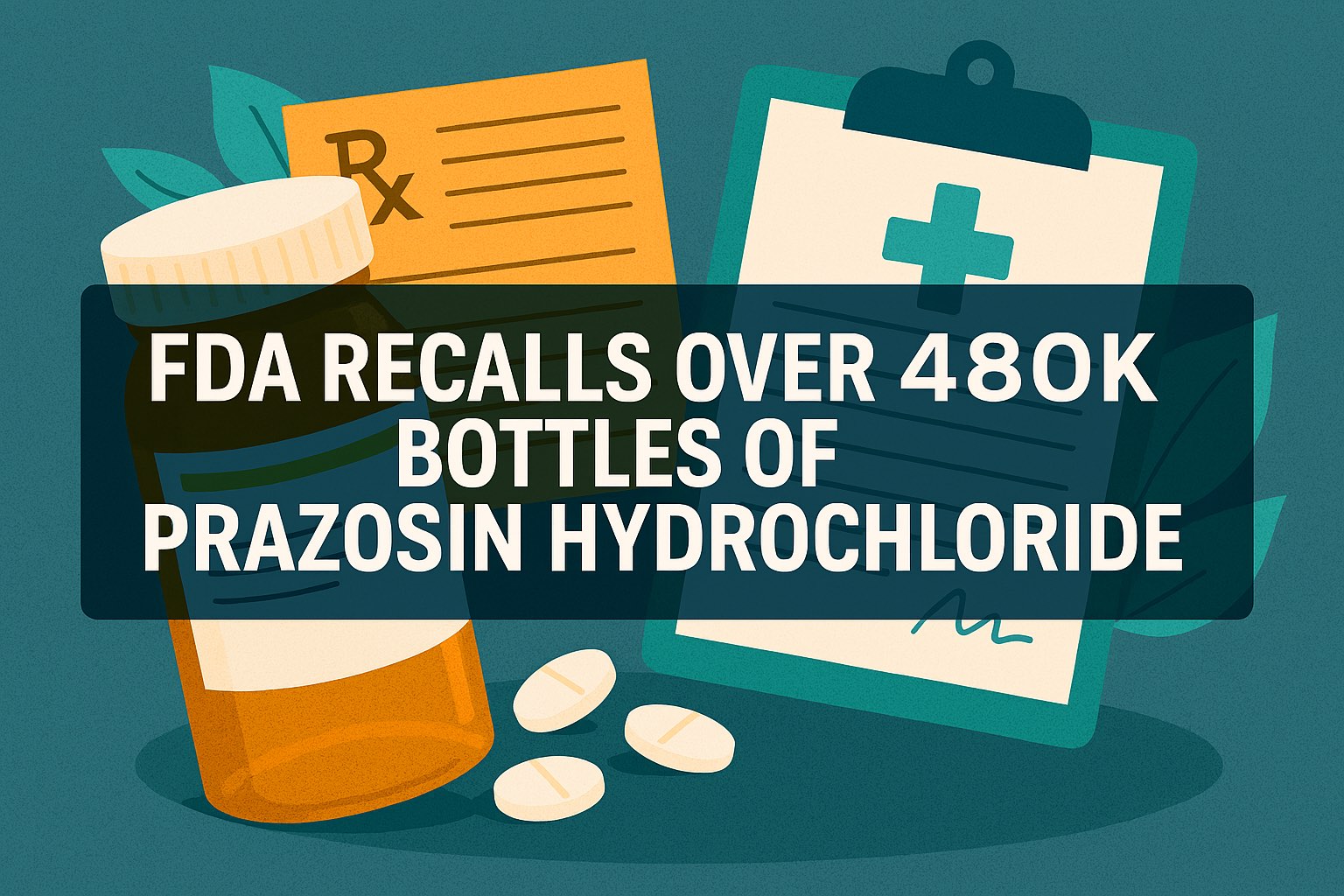 Illustration showing a tilted amber prescription bottle with four white oval tablets spilled beside it, a prescription pad and clipboard in the background, and a central semi-transparent dark teal banner with bold white headline text; clean flat style, professional color palette, and unobstructed readable text.