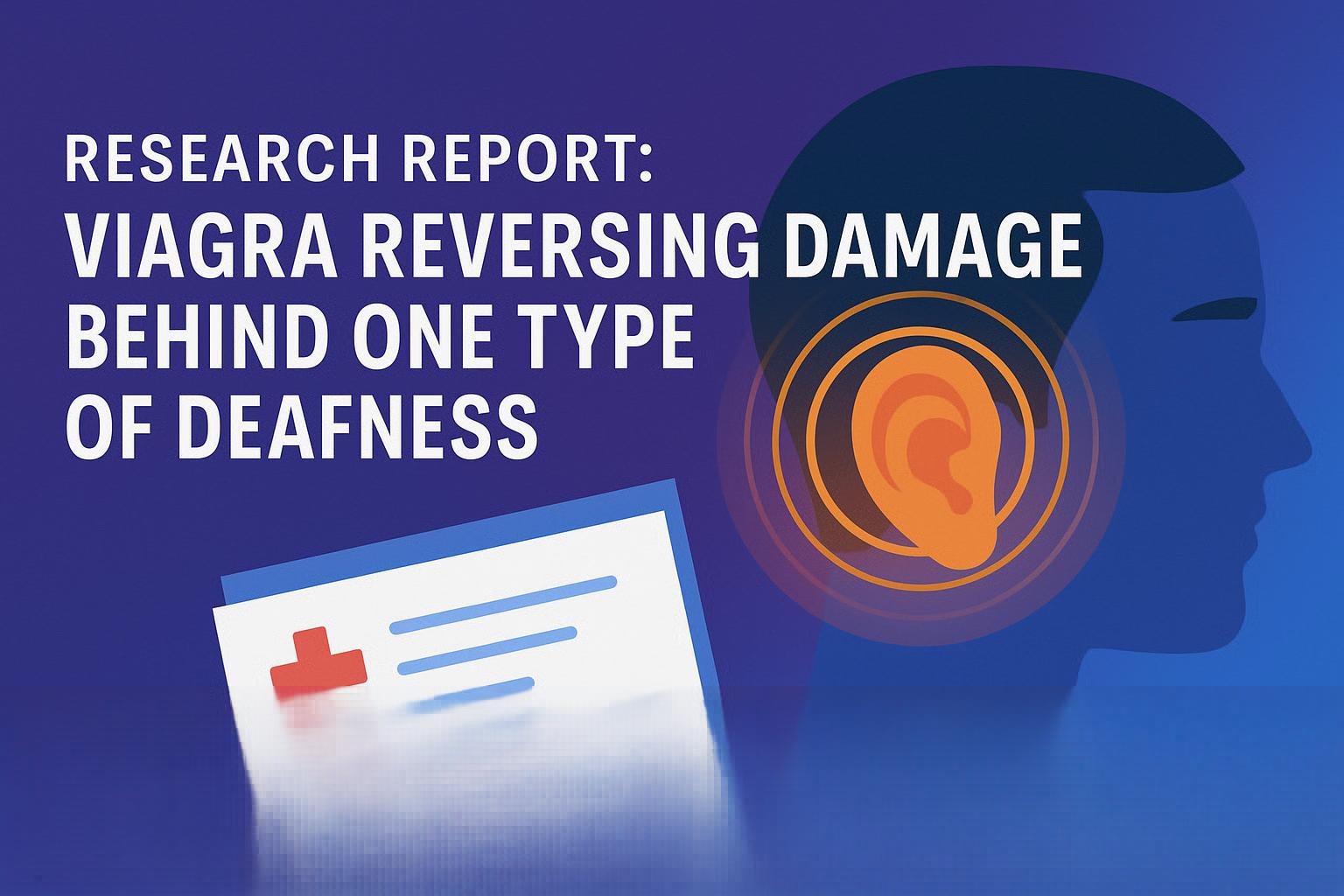 Stylized medical graphic showing a blue human head in profile with an orange ear highlighted by concentric red circles, symbolizing auditory focus. A medical report icon with a red cross sits beside the head. The title text reads “Viagra Reversing Damage Behind One Type of Deafness” in bold, dark blue letters on a light blue background.