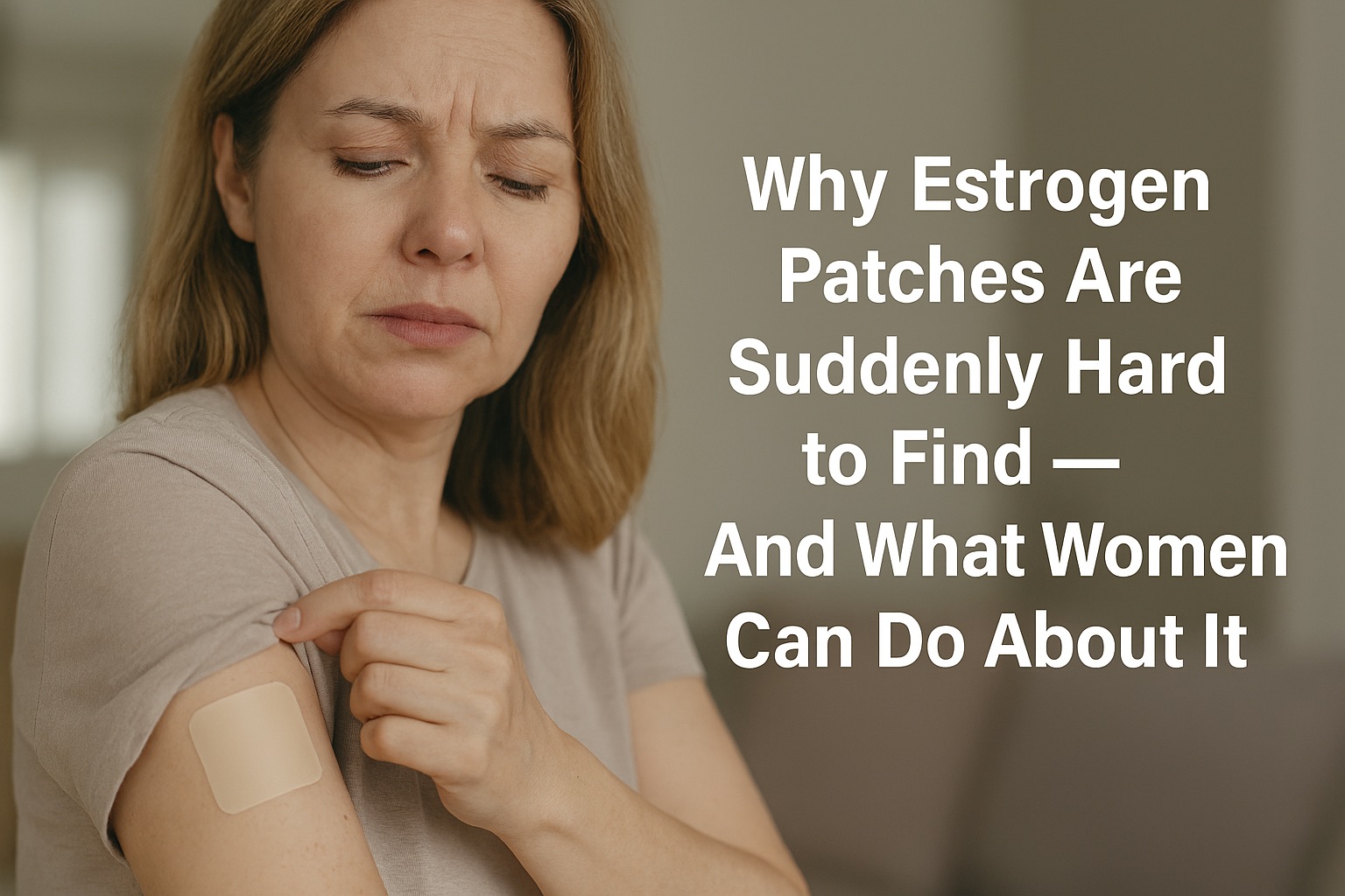 Middle-aged woman applying an estrogen patch to her upper arm with a concerned expression, highlighting the shortage issue.