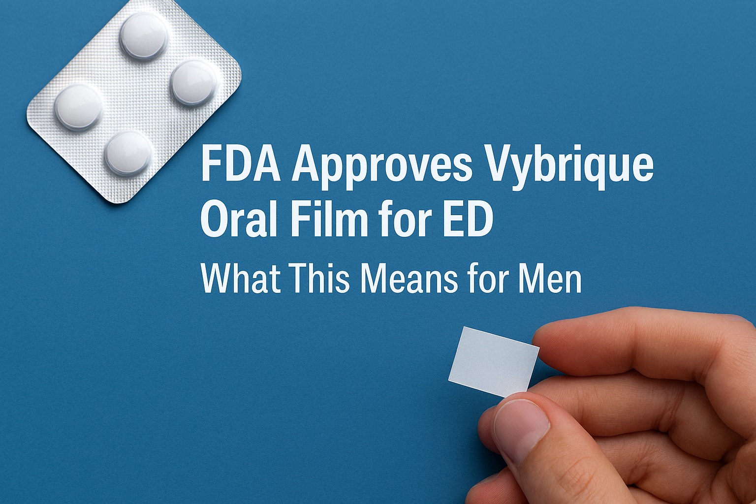 Header illustration (1536×1024) with a medium‑blue background. Left side reserved as clear space showing bold text VYBRIQUE and subtitle FDA Approved Oral Film for ED. Right side shows a tasteful, abstract sealed pouch and a thin dissolving oral film on a stylized tongue silhouette, plus a small FDA checkmark badge near the pouch. Clean, discreet, professional tone; no people or explicit imagery.