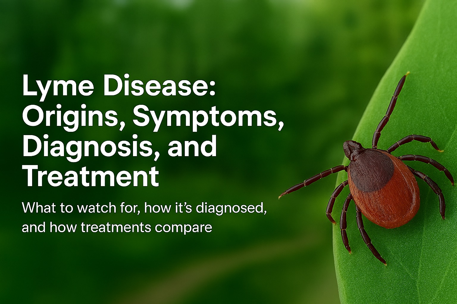 Header image showing a close-up blacklegged tick on a green leaf against a blurred forest background. Left side displays the title “Lyme Disease: Origins, Symptoms, Diagnosis, and Treatment” and subtitle “What to watch for, how it's diagnosed, and how treatments compare.” No image elements overlap the text.