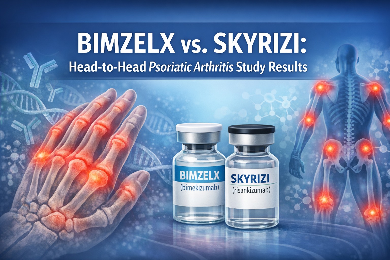 Digital medical illustration showing inflamed joints in a human hand and figure, with BIMZELX and SKYRIZI vials side-by-side and article title text clearly displayed in white against a blue gradient background.
