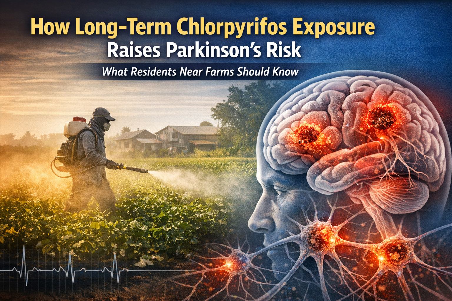 Composite header image showing a farmer spraying pesticides in a crop field on the left and a digitally illustrated human brain with damaged dopamine neurons on the right. Bold text overlay reads “How Long-Term Chlorpyrifos Exposure Raises Parkinson’s Risk” with subheading “What Residents Near Farms Should Know.” The image visually connects agricultural pesticide use with neurological damage.