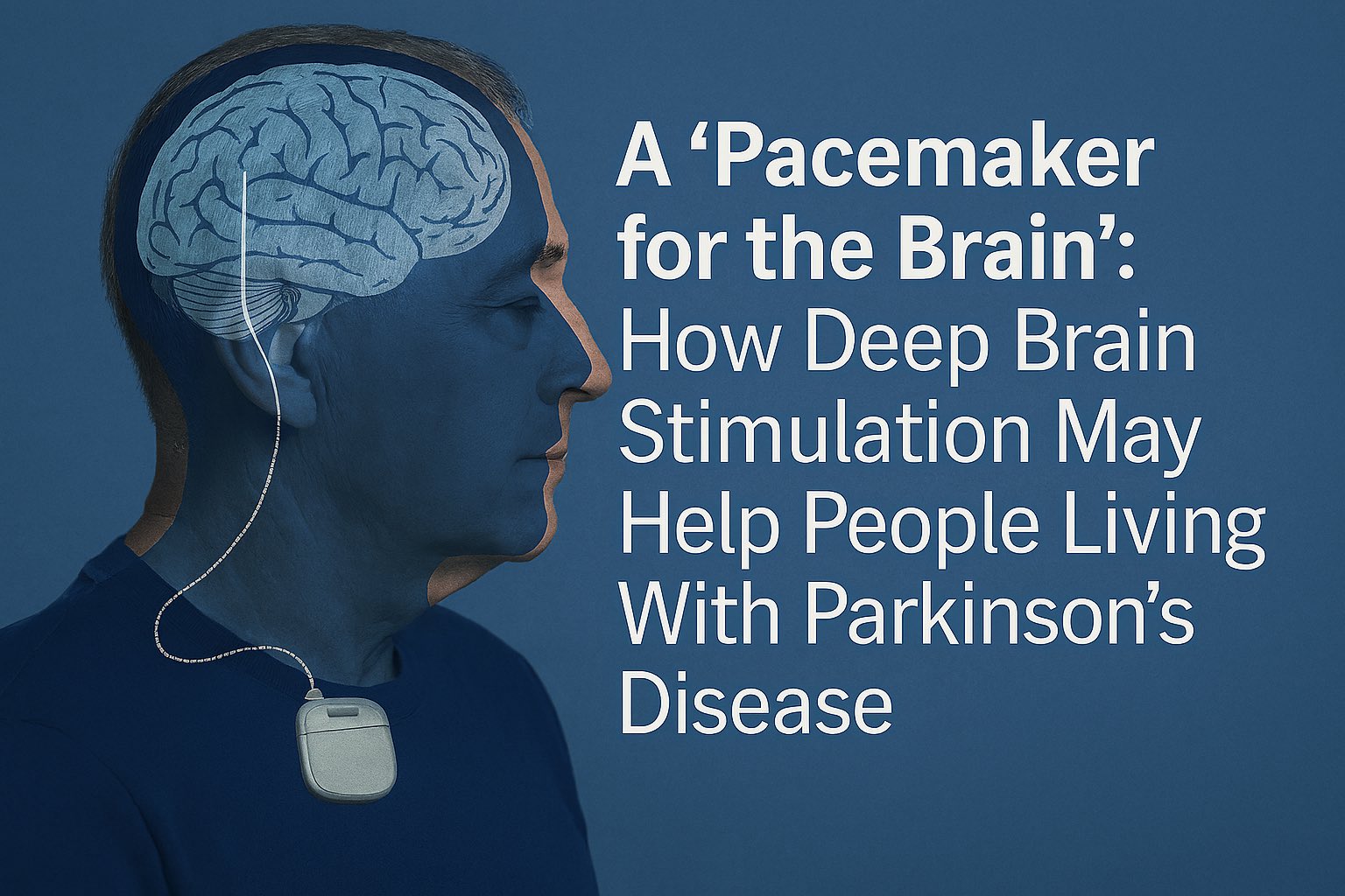 Lifelike image of a middle-aged man in profile with a digitally rendered brain and deep brain stimulation device visible, illustrating the concept of a “pacemaker for the brain” for Parkinson’s disease treatment. The background is blue with clear white text on the right side.