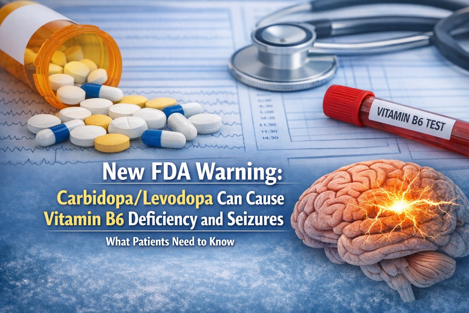 Prescription pill bottle spilling carbidopa/levodopa tablets onto an EEG chart, with a stethoscope, a blood vial labeled VITAMIN B6 TEST, and a glowing brain illustration indicating seizure activity.