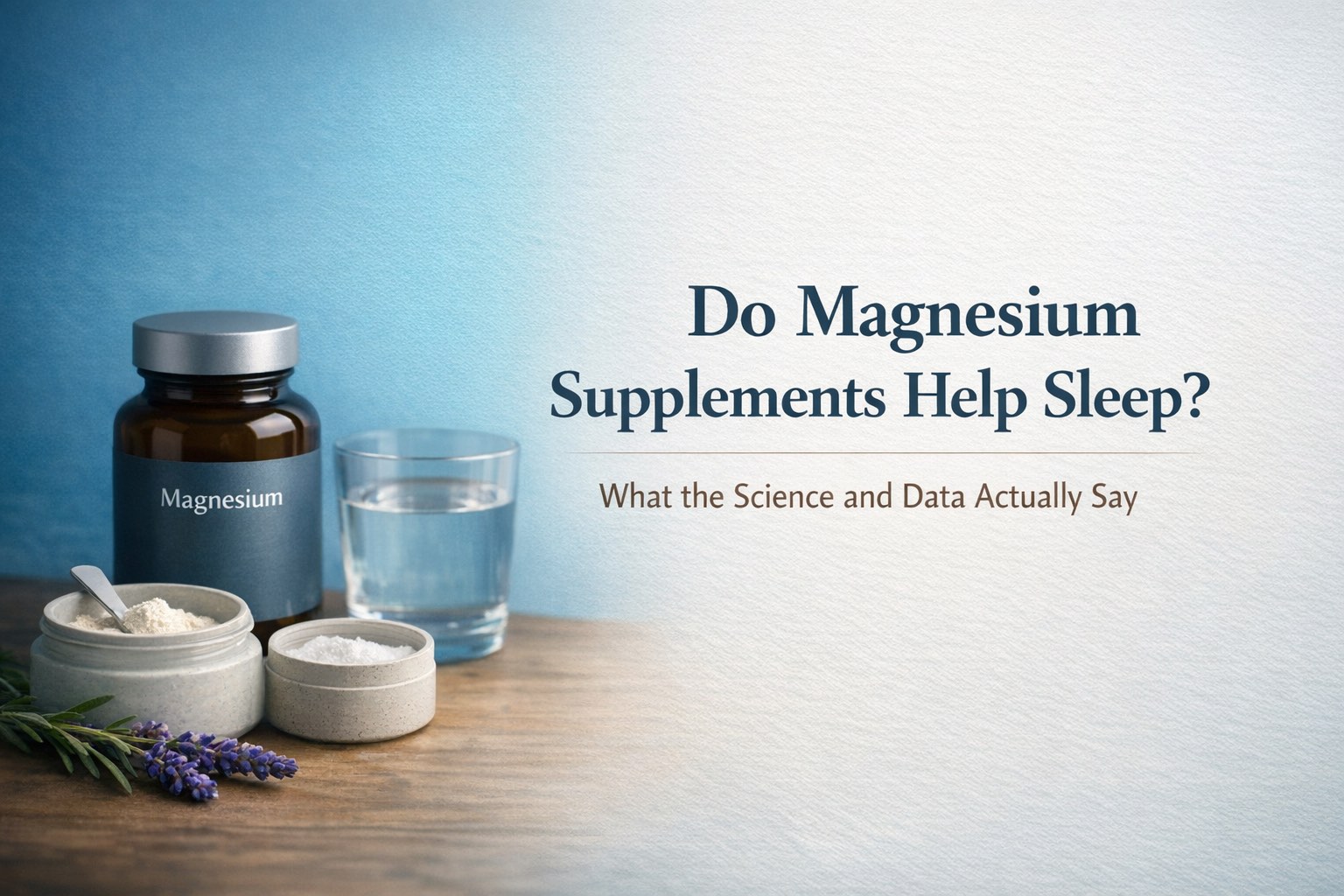 Professional health blog header showing magnesium supplements, water, and lavender on a wood surface with soft blue background. Text reads “Do Magnesium Supplements Help Sleep?” with subheading “What the Science and Data Actually Say.”