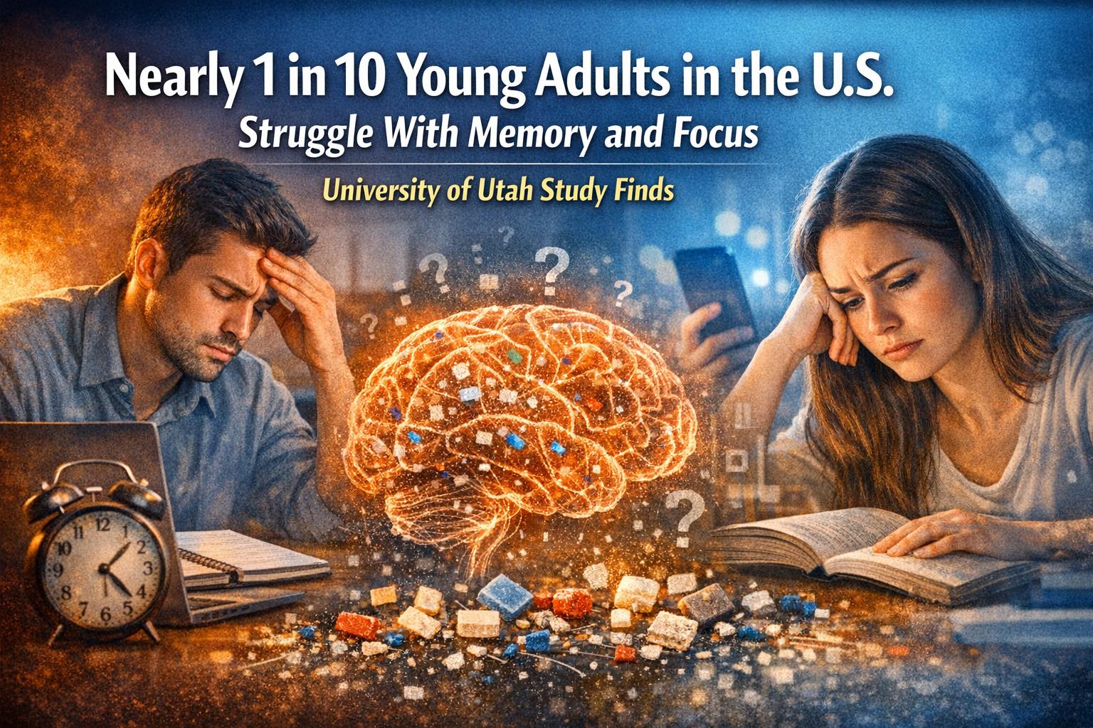 Professional editorial header image showing a young man and woman under 40 struggling with focus and fatigue. The man sits at a desk with his head in his hand beside an open laptop and alarm clock, while the woman stares at a book with a tired expression. A glowing brain made of tangled lines appears between them, surrounded by faint question marks and numbers. The headline text “Nearly 1 in 10 Young Adults in the U.S. Struggle With Memory and Focus - University of Utah Study Finds” is clearly visible in white and yellow, unobstructed by any image elements.