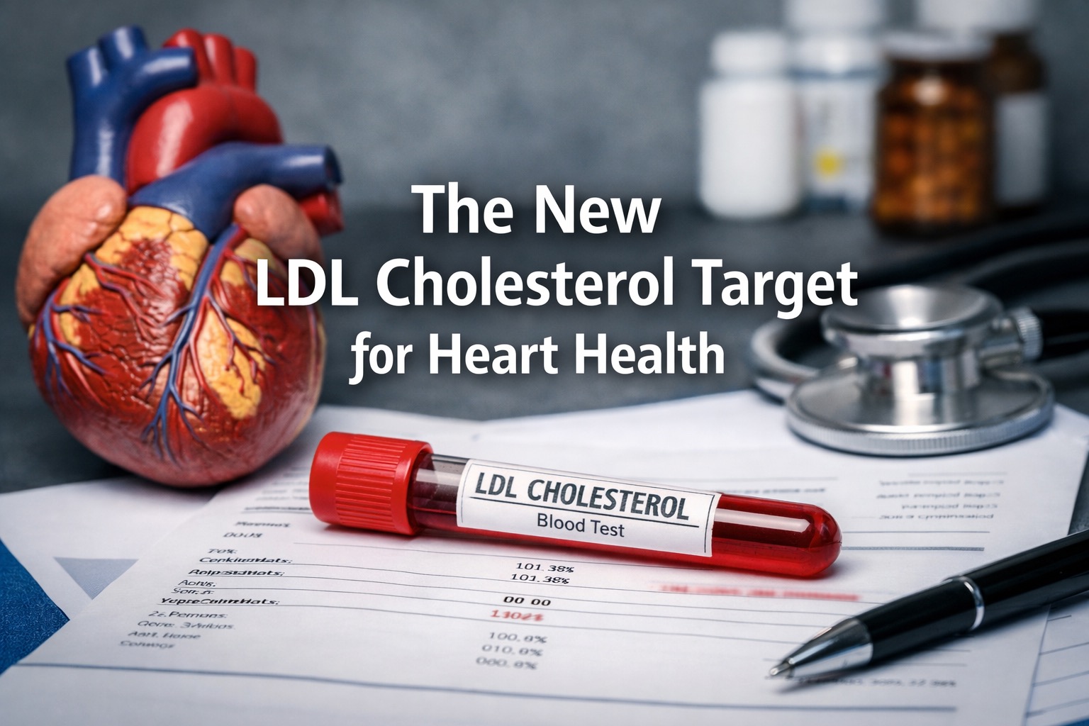 A professional medical photograph showing a 3D anatomical heart model beside a blood sample vial labeled “LDL Cholesterol - Blood Test,” resting on a lab report with a stethoscope and pen nearby. The headline “The New LDL Cholesterol Target for Heart Health” appears clearly in white text at the center.