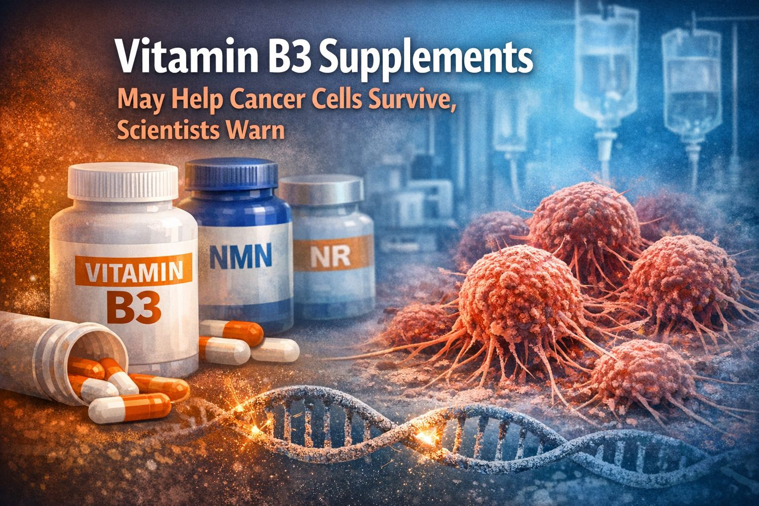 Professional editorial-style header image showing vitamin B3 supplement bottles labeled “VITAMIN B3,” “NMN,” and “NR” beside capsules. On the right, stylized red cancer cells appear under cool blue laboratory lighting, with a DNA strand glowing below. The headline text “Vitamin B3 Supplements May Help Cancer Cells Survive, Scientists Warn” is clearly visible in white and orange, unobstructed by any image elements.