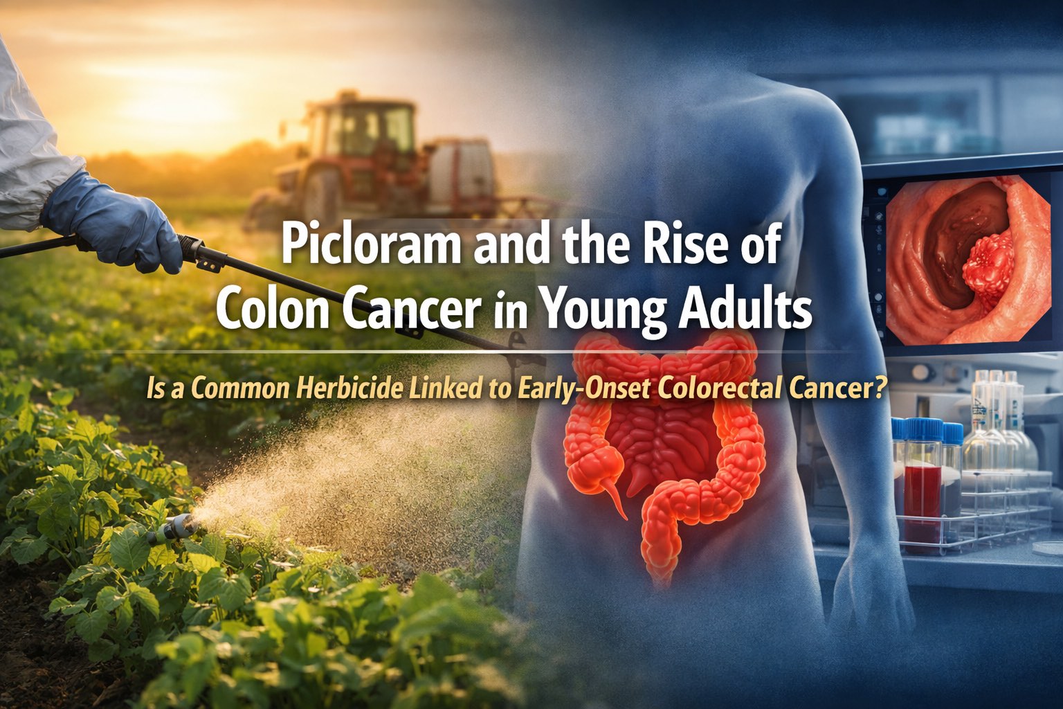 Professional editorial header image showing a split scene of agriculture and medicine. On the left, a gloved hand sprays herbicide over a green crop field at sunset. On the right, a medical illustration highlights a glowing red colon with a colonoscopy screen and lab equipment. The centered text reads “Picloram and the Rise of Colon Cancer in Young Adults” with a subtitle “Is a Common Herbicide Linked to Early-Onset Colorectal Cancer?”