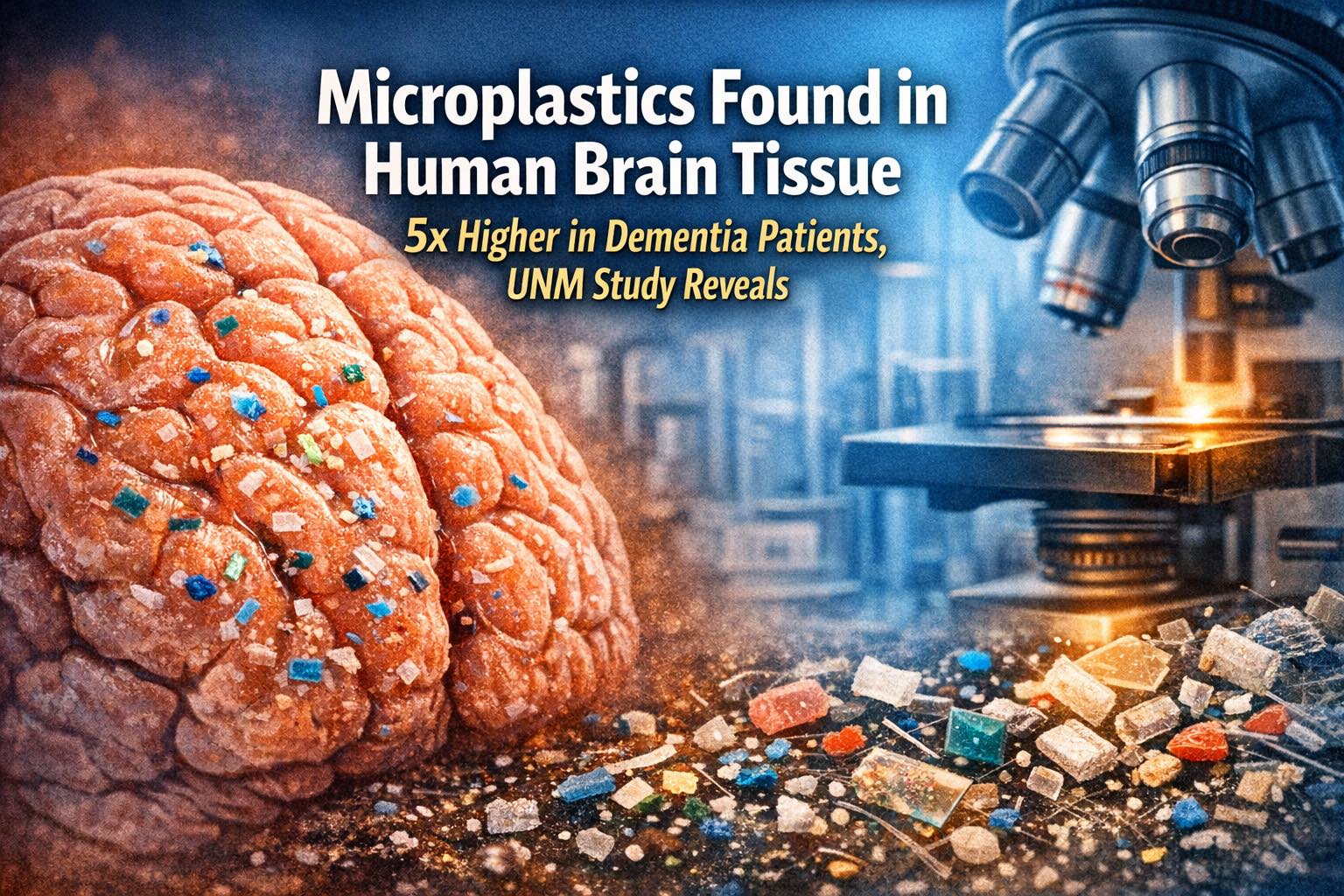 Professional editorial header image showing a human brain with visible microplastic particles embedded in tissue. The left side features a glowing brain in pink-orange tones, while the right side shows a microscope and scattered plastic fragments. The headline text “Microplastics Found in Human Brain Tissue - 5x Higher in Dementia Patients, UNM Study Reveals” is clearly displayed in white and yellow, unobstructed by any image elements.