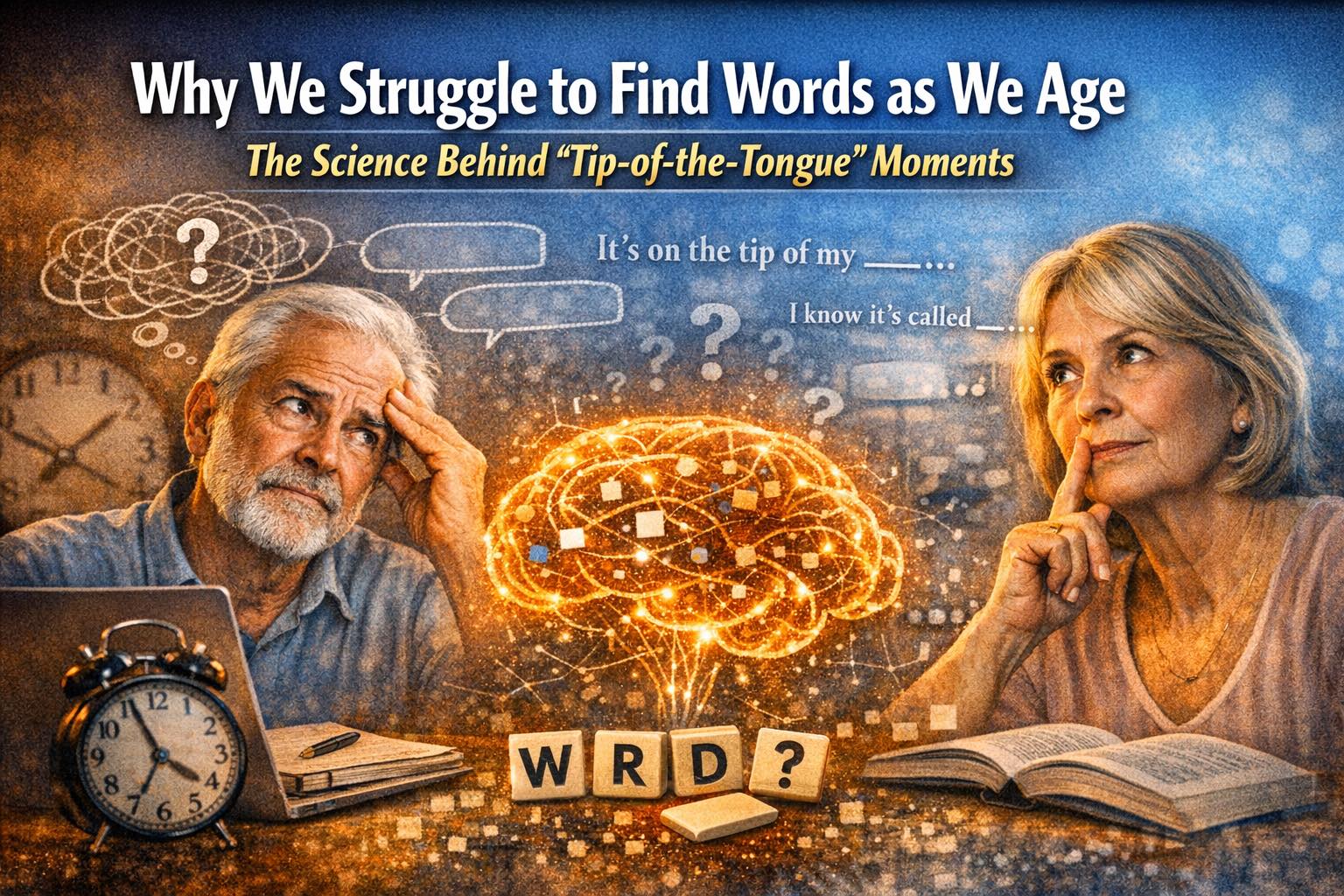 Professional editorial header image showing an older man and woman deep in thought, each appearing puzzled as they try to recall a word. The man touches his temple beside a clock, while the woman rests her finger on her chin. A glowing orange brain with electric connections sits between them, surrounded by faint question marks and incomplete phrases like “It’s on the tip of my…” The headline “Why We Struggle to Find Words as We Age” appears clearly at the top in white, with the subtitle “The Science Behind ‘Tip-of-the-Tongue’ Moments” in yellow, unobstructed by any image elements.