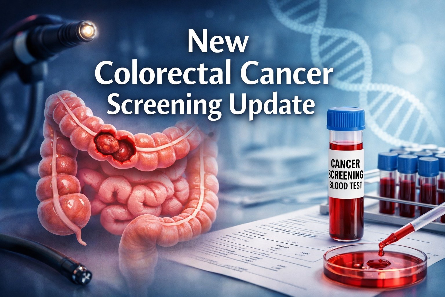 Professional medical header image showing a blood vial labeled "Colorectal Cancer Screening" beside an endoscope and a red highlighted colon illustration, with the headline "Blood Tests Added to Colorectal Cancer Screening Guidelines" clearly visible.