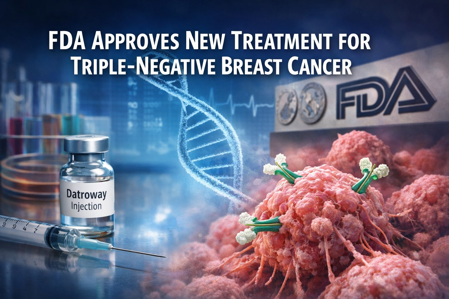 A professional medical editorial header showing a Datroway injection vial, syringe, DNA strand, and breast cancer cells being targeted by antibody‑drug conjugates, with the headline “FDA Approves New Treatment for Triple‑Negative Breast Cancer” clearly visible.