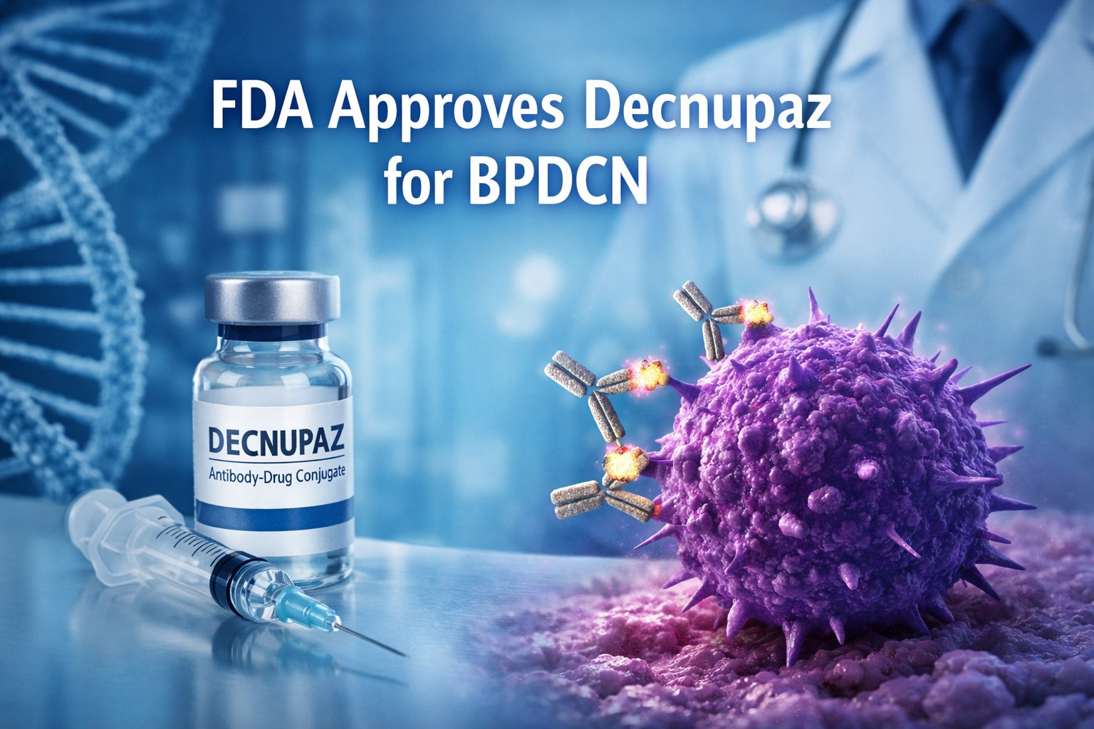 A professional medical header image showing a Decnupaz vial and syringe beside a 3D-rendered purple cancer cell being targeted by antibody-drug conjugates, with the headline “FDA Approves Decnupaz for BPDCN” clearly visible against a blue-toned laboratory background.