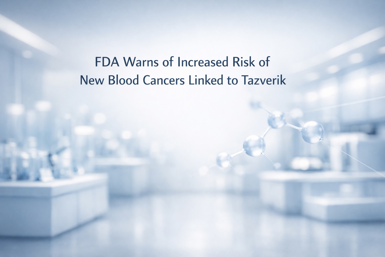Professional medical editorial header showing the headline “FDA Warns of Increased Risk of New Blood Cancers Linked to Tazverik” over a blurred, modern laboratory background in cool blue and gray tones with clean negative space and molecular motifs.