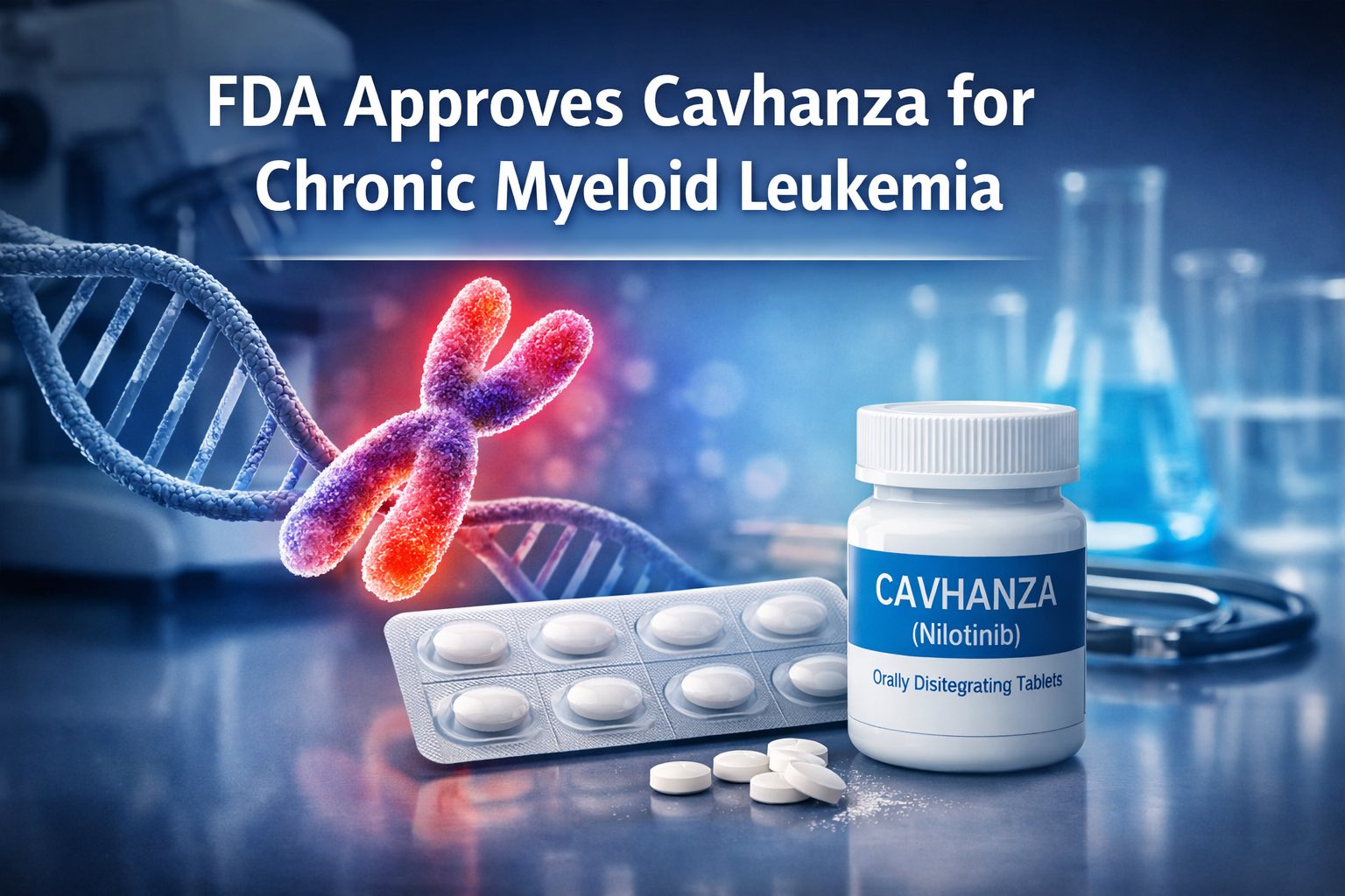 A professional medical header image showing a Cavhanza pill bottle, blister pack of tablets, DNA helix, and red blood cells with the headline "FDA Approves Cavhanza for Chronic Myeloid Leukemia" clearly visible.