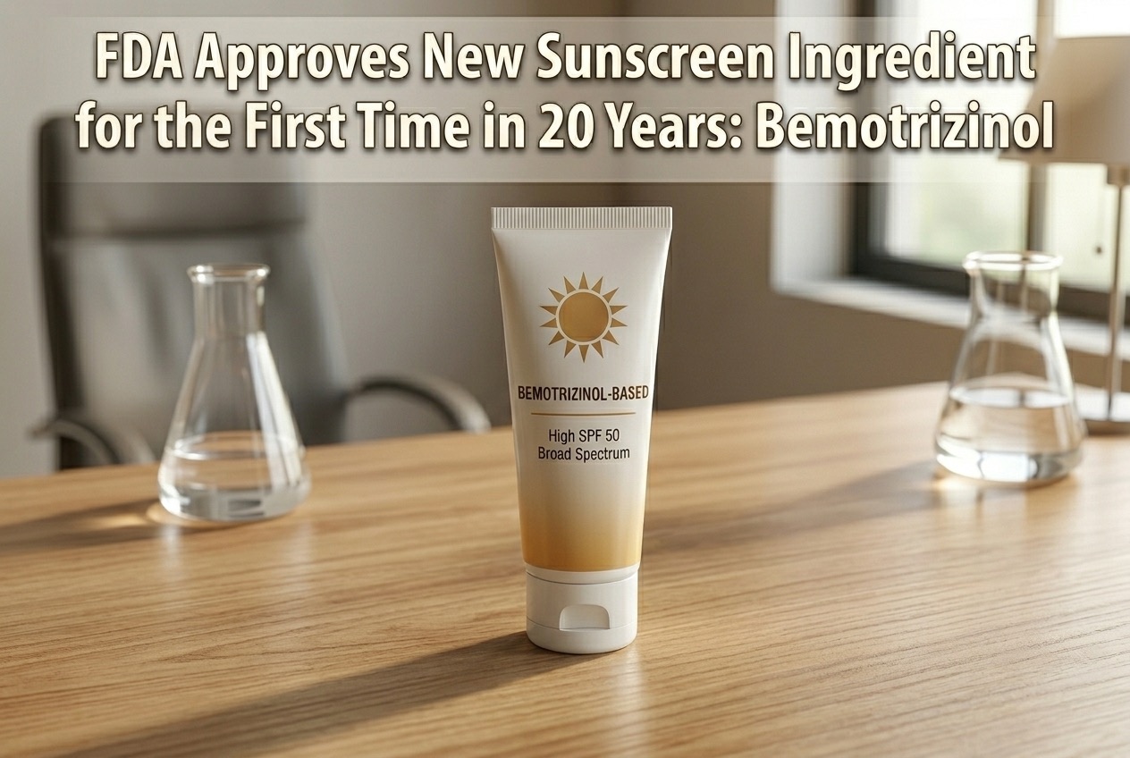 A clean editorial image showing a white sunscreen tube labeled “New Active Ingredient” beside an FDA logo, with the headline “FDA Approves First New Sunscreen Ingredient in 20 Years” clearly visible on a light background.
