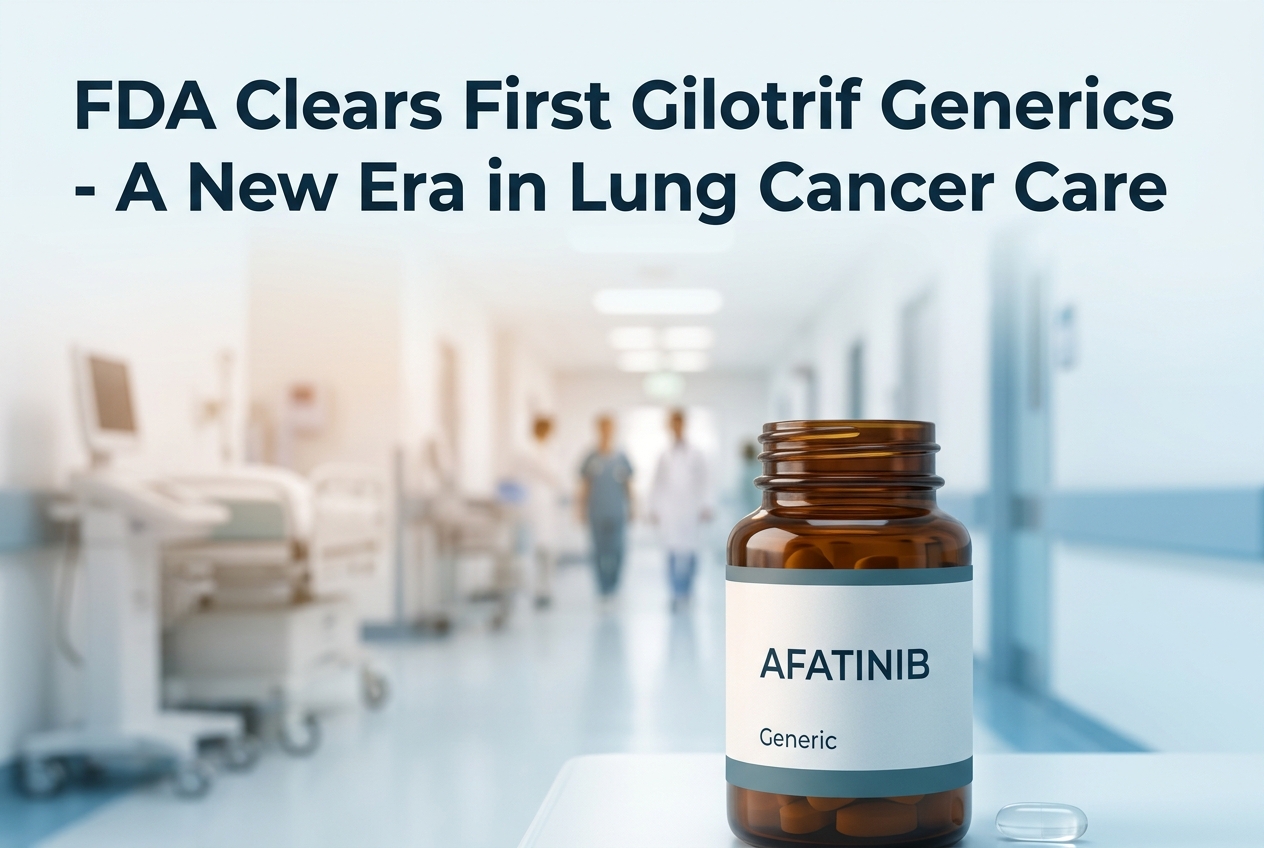 Professional header image showing a bottle of Afatinib tablets beside stylized lung graphics, symbolizing FDA approval of the first Gilotrif generics for lung cancer treatment. The headline text reads “FDA Clears First Gilotrif Generics - A New Era in Lung Cancer Care” in clear, modern typography.