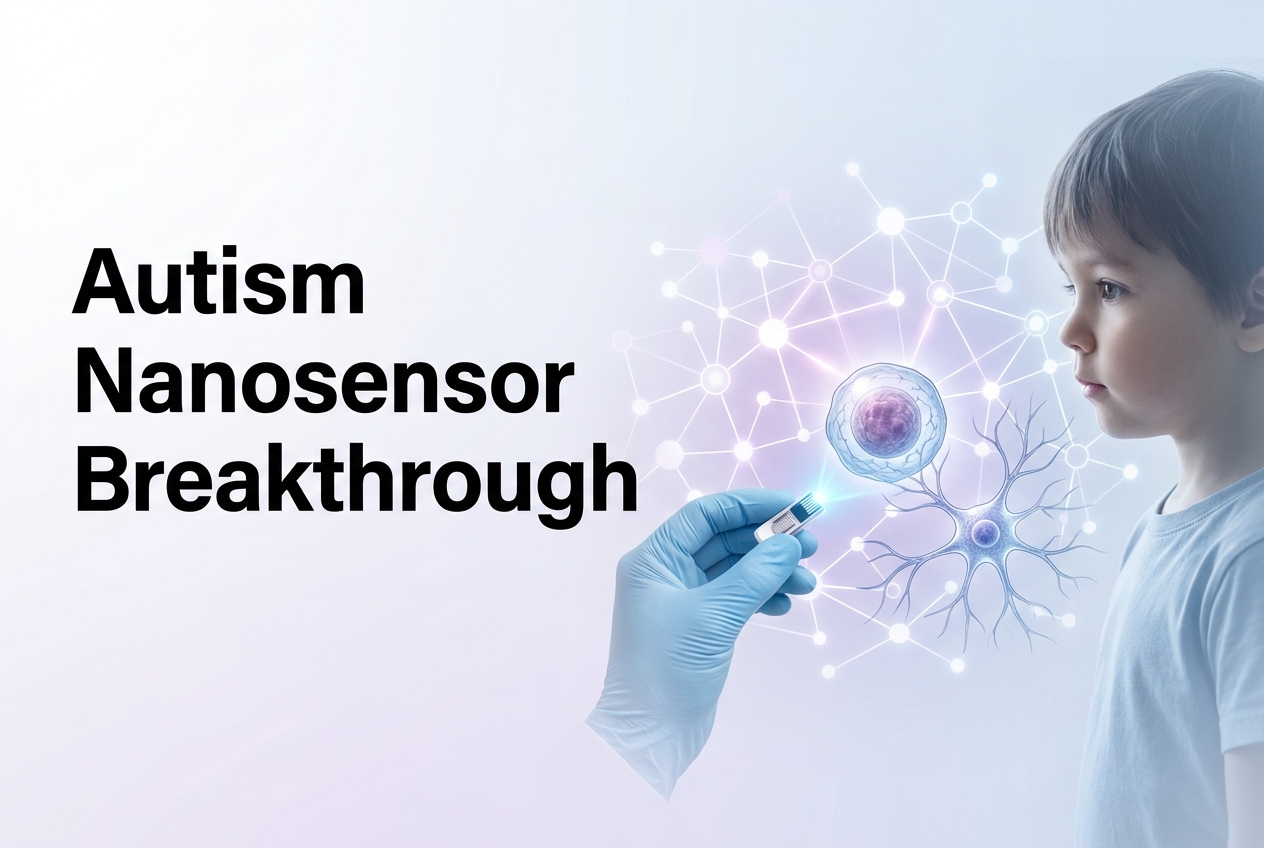 Professional medical science header image showing a glowing nanosensor, neural network graphics, and the headline Autism Nanosensor Breakthrough in clear readable text.