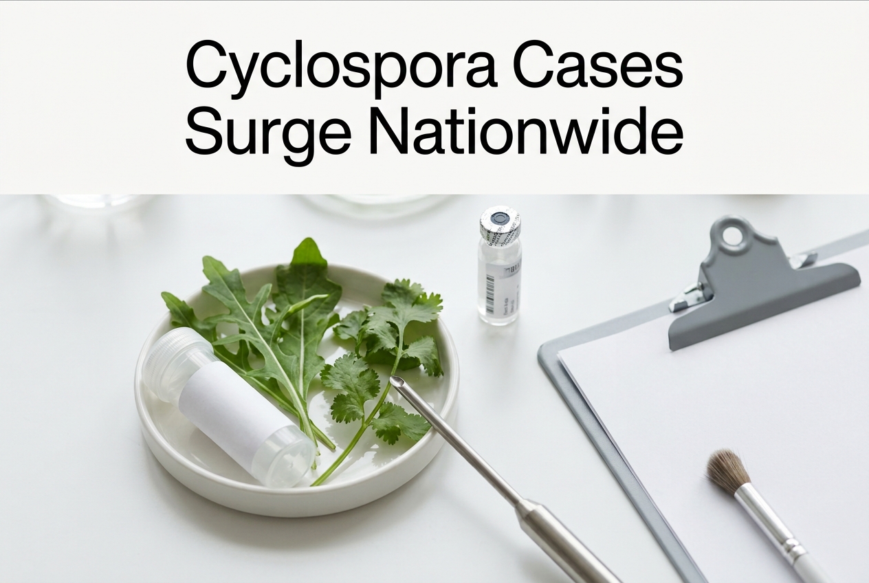 A clean food safety inspection scene with fresh produce on a white surface, a laboratory sample container, and a clipboard nearby, arranged neatly with soft lighting and open space at the top for a headline.