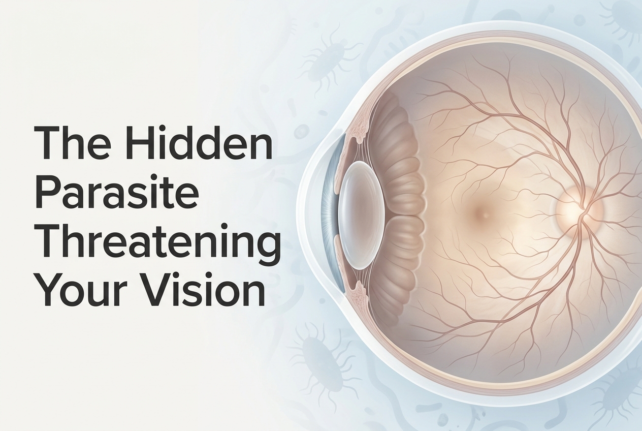 A clean medical‑editorial image showing a close-up human eye with soft clinical lighting and subtle abstract parasite shapes in the background, with the headline “The Hidden Parasite Threatening Your Vision” clearly readable in open negative space.