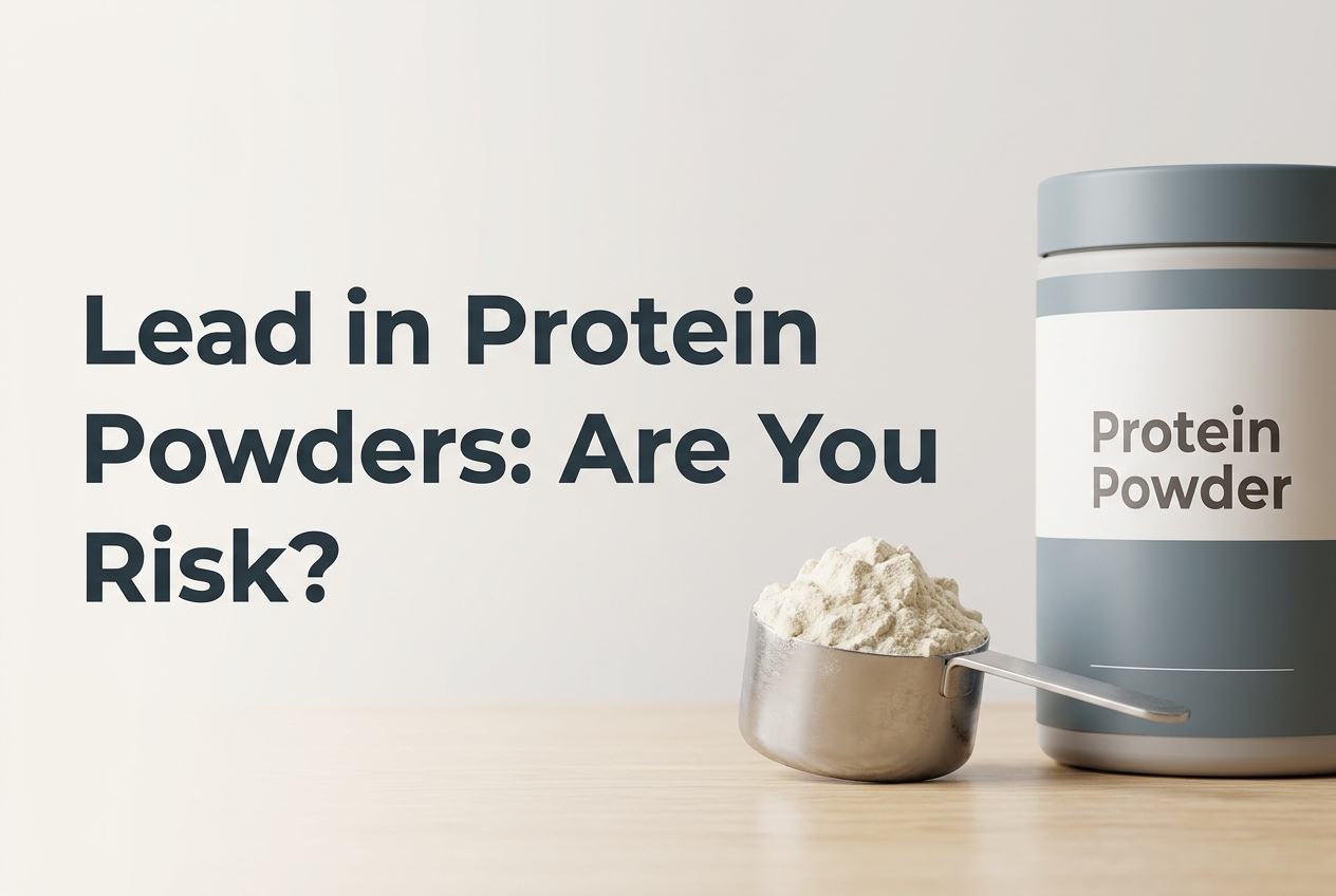 A clean, modern editorial header image showing a black container labeled “Protein Powder” beside a scoop of beige powder on a neutral background. The bold headline “Lead in Protein Powders: Are You at Risk?” appears clearly with ample whitespace, conveying a trustworthy and informative tone.