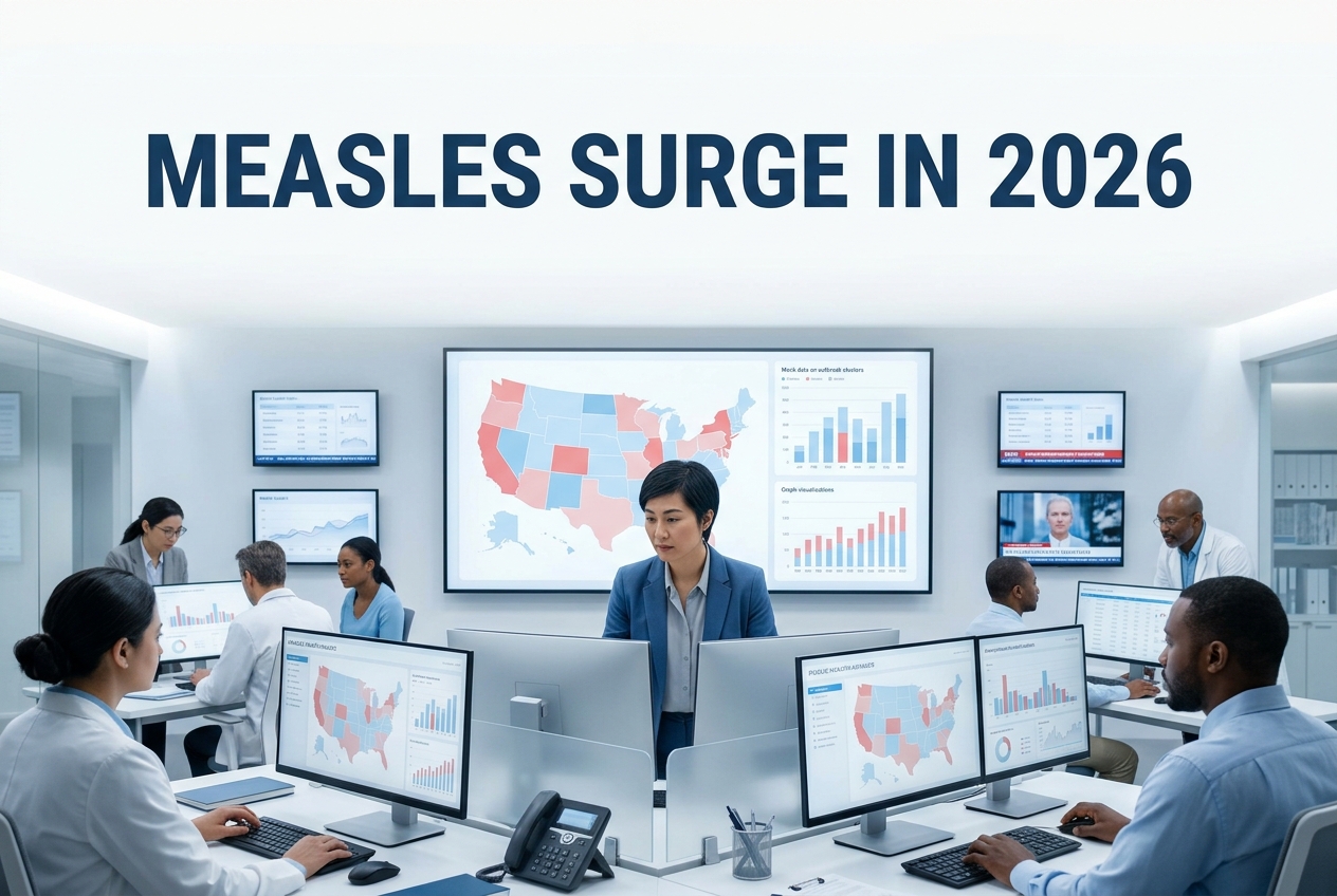 Professional medical news header image showing a U.S. map with highlighted measles outbreak regions and the headline Measles Surge in 2026 displayed clearly in an open, uncluttered area.